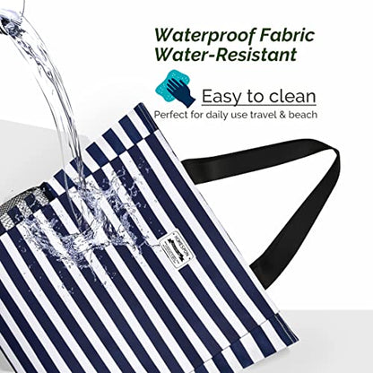 Buringer Large Waterproof Beach Bag for Women Sandproof Tote Bag with Zipper and Pockets Pool Bag for Travel Gym Vacation - color: Blue Stripes