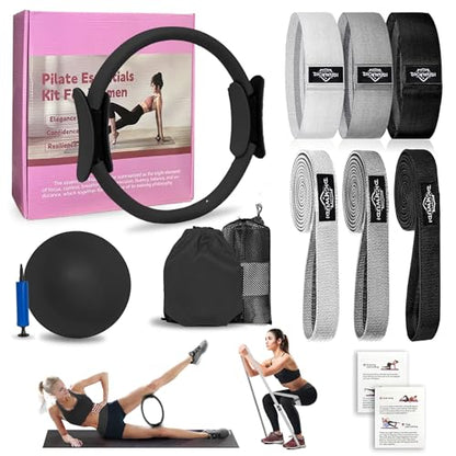 DICYWUDI Pilates Essentials Kit for Home Women, Pilates Equipment for Workouts, 6 Fabric Resistance Bands, 12 Inch Magic Circle Yoga Ring, Mini Exercise Ball, Great Exercise Equipment - color: 8pcs Black set