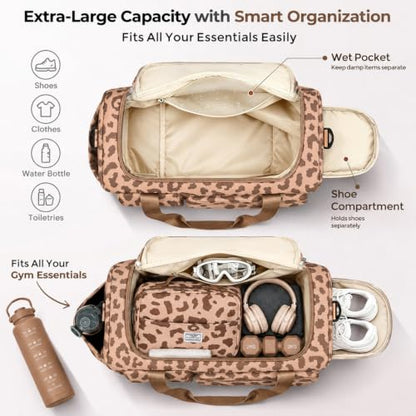 FIORETTO Women's Gym Duffle Bag with Shoes Compartment, 30L Capacity, Ideal for Travel, Gym, Sports, Duffel, Weekender - color: Leopard Brown, style: Gym Bag With Toiletry Bag