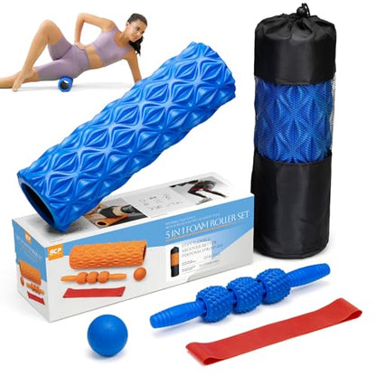 SUBCULTUREPICK 5 in 1 Foam Roller Set High Density Deep Tissue Massager | Trigger Point Massage Roller for Muscle Massage, Massage Ball, Resistance Band for Whole Body Physical Therapy Pure Blue - color: Pure Blue
