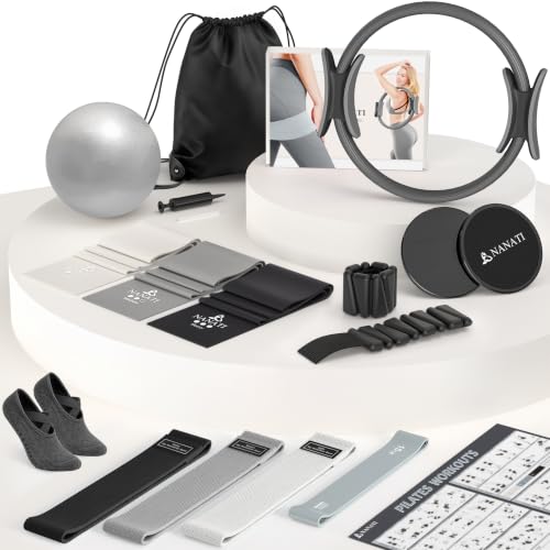NANATI Pilates Kit, Home Pilates Workout Kit for Women, Pilates Equipment with 14.5"" Pilates Ring and Ball, Resistance Bands, Ankle Weights, Sliders & Grip Socks for Home Workouts - color: New Grey