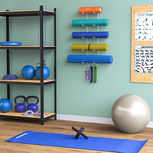 Wallniture Guru Yoga Mat Holder Wall Mount with 3 Hooks for Hanging Yoga Strap, Resistance Bands, 5-Sectional Metal - color: White, size: 31.5'' H | 5 Sectional