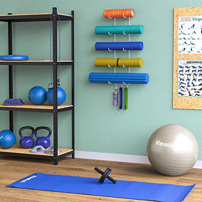 Wallniture Guru Yoga Mat Holder Wall Mount with 3 Hooks for Hanging Yoga Strap, Resistance Bands, 5-Sectional Metal - color: White, size: 31.5'' H | 5 Sectional