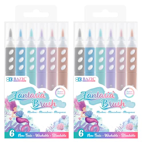 BAZIC PRODUCTS Fantasia Brush Markers, Dual Tip, 6 Colors, Washable, 2-Pack | brush + 0.4 mm fine tip, pastel Fantasia brush markers, non-toxic, lettering, journaling, art - color: Pastel Color, size: 2-Pack