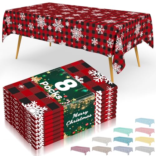Smiry 8 Packs Buffalo Disposable Table Cloth, 54 x 108 Inch Waterproof Plastic Tablecloth, Rectangle Snowflake Red Checkered Table Covers for Picnic, Christmas, Birthday, Party - color: Christmas Red, size: 54"x108" (Pack of 8)