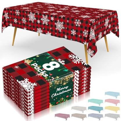 Smiry 8 Packs Buffalo Disposable Table Cloth, 54 x 108 Inch Waterproof Plastic Tablecloth, Rectangle Snowflake Red Checkered Table Covers for Picnic, Christmas, Birthday, Party - color: Christmas Red, size: 54"x108" (Pack of 8)
