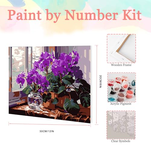 Auremi Purple Flower Paint by Number Kits with Framed, DIY Flower Paint by Number Canvas for Adults, Easy Acrylic in Canvas with Brushes for Decor 20x30cm - color: Paint by number 010