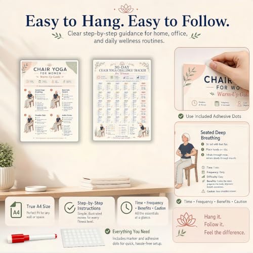 Chair Tai Chi Workout Chart & Yoga Poster for Seniors & Beginners | Set of 6 Illustrated Guides & 6 30-Day Challenges, Laminated Gentle Seated Exercise Charts for Mobility, Balance, Flexibility