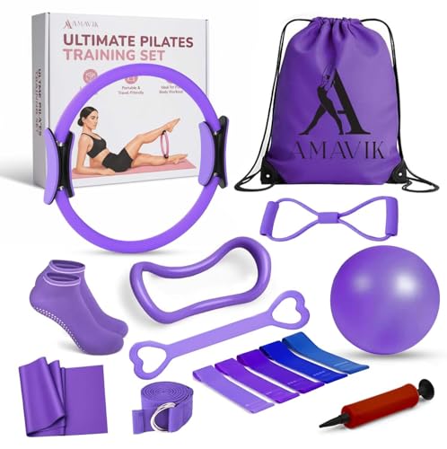 AMAVIK Pilates Kit 15-Pieces Home Workout Set with 5 Resistance Bands, Pilates Ring and Ball Set with Accessories-A Complete Pilates Set for Women to Improve Strength, Flexibility and Balance Body - color: Purple