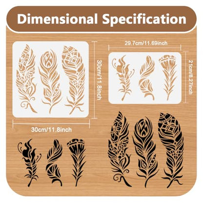 2 Pack Feathers Mandala Stencils for Painting Reusable Plastic Feather Stencil for Painting on Wall Wood Furniture Fabric Canvas, DIY Craft Stencil - style: Feathers