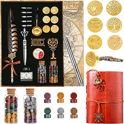 Feather Pen Pheasant Quill Pen and Ink Set,Caligraphy Kits for Beginners, Feather Pen and Ink Set With Leather Journal Notebook,Wax Seal Kit,7 Wax Seal Stamp Heads,Calligraphy Pens for Gift