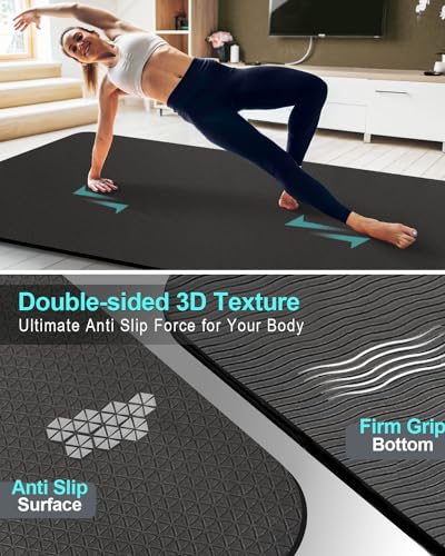 Extra Long & Wide Thick Yoga Mat for Tall Men & Women, 84'' x 32'' x 7mm Oversized Yoga Mat Double-Sided Non Slip, Pro TPE Yoga Mats with Strap - color: Black