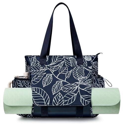 WLLWOO Thick Yoga Mat Bag Women Gym Tote Breathable Mesh Holder Wet Pocket | Carryall Lightweight Waterproof Shoulder for Pilates Travel Beach Workout Fitness Carrier - color: Navy Blue Leaf