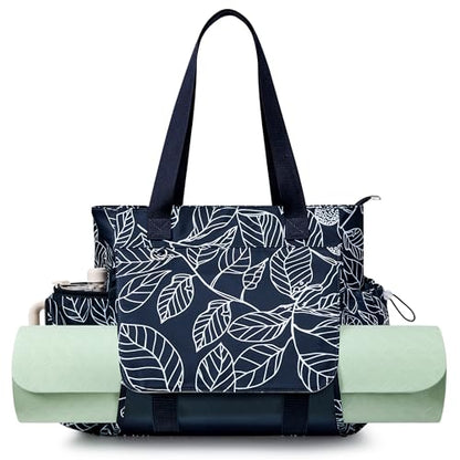WLLWOO Thick Yoga Mat Bag Women Gym Tote Breathable Mesh Holder Wet Pocket - color: Navy Blue Leaf