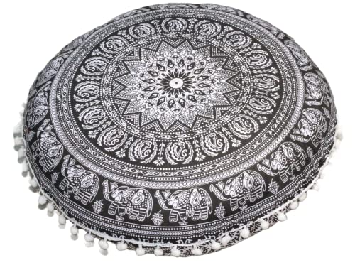 CRAFT KALA 32" Large Round Bohemian Floor Pillow Cover Boho Pouf Cover Mandala Meditation Room Pillows Cover Adults Seating Poufs Cushion Cover for Kids Reading Playroom Black Elephant Flower - color: Black and White Elephant