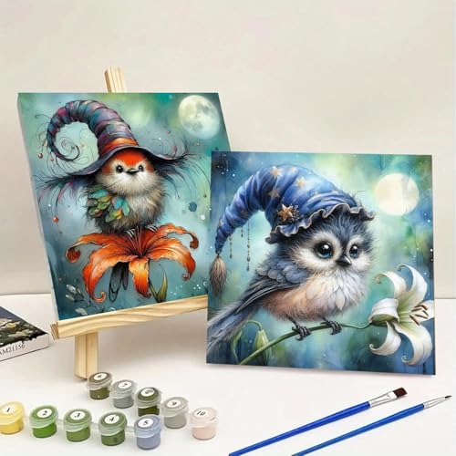 Ekuxom 4 Pack Bird Paint by Numbers for Adults with Framed Canvas | Beginner Wooden Easel-DIY Painting by Numbers Canvas Framed for Home Decor 8x8 inch - color: Bird