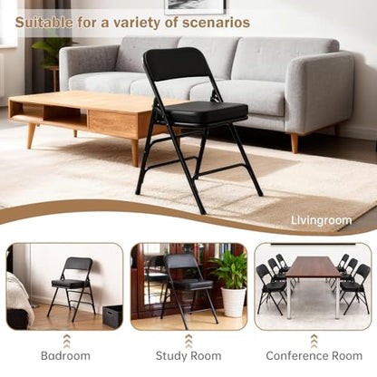 Padded Folding Chair Indoor Metal Frame Foldable Chair Black | Comfortable Thick Vinyl Cushion Seat Durable Elegant Upholstered Single Chair for Small Space Home, Office and Events - color: Black