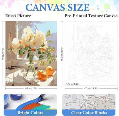 ZRIZQ Paint by Numbers Kit for Adults Beginner,White Flowers,16x20 | Full set with wooden brushes,rolled canvas,rich paints.Calming activity.Beginner friendly.Just open and paint. - color: 16"X20"Rolled Canvas(Frameless)-Flowers 10