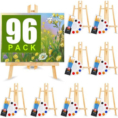 AROIC 96 PCS Painting Supplies Set with Easels | 8 PCS Wood Easels, 8 Packs 80 Brushes with Nylon Brush and 8 PCS Palettes, Tabletop Wooden Art Easel for Kids & Adults - style: 96Pcs(8 Sets)