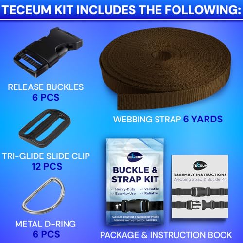TECEUM 1" Nylon Strap Kit with Buckles, Brown 6 yards Repair Set | Heavy duty hardware kit: 6yd webbing, 6 quick release buckles, 12 tri-glide slide clips, 6 metal D-rings for crafting. - color: Brown, size: 1" - 6 yards, style: 6 Buckle - 12 Slides - 6 D