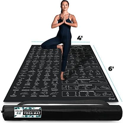 Extra-Large Instructional Yoga Mat with Poses Printed On It - 3X Bigger & 2X Wider than Regular Workout Mats - 150 Illustrated Yoga Poses and Stretches - Wide, Non-Slip, Barefoot Exercise Mat - color: 6' x 4' Black