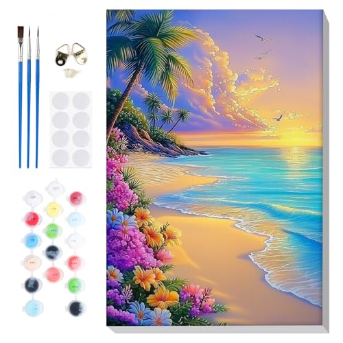 Bowetile Framed Paint by Numbers Sea for Adults Beginners, Adults' Paint-by-Number Landscape Kits, Easy Adult Paint by Number Kits on Canvas, Acrylic Number Painting for Home Decor, 8x12in - color: Landscape, sea