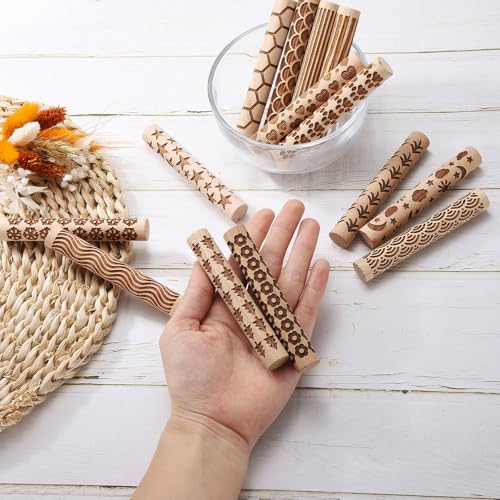 HARFINGTON Wood Clay Roller 4" Heart Pattern Rolling Pins Wood Rollers Pottery Tools Wood Grain Texture Rollers for Clay Baking Dough Playdough DIY - style: Heart