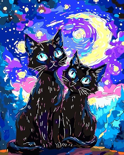 Yunnuo Paint by Numbers Kit for Adults Beginner,Two Black Cats Paint by Numbers, Starry Night Cat Number Painting Suitable for Home Wall Decoration and Gifts (16x20 Inch) - color: A-003-Starry Night Cat