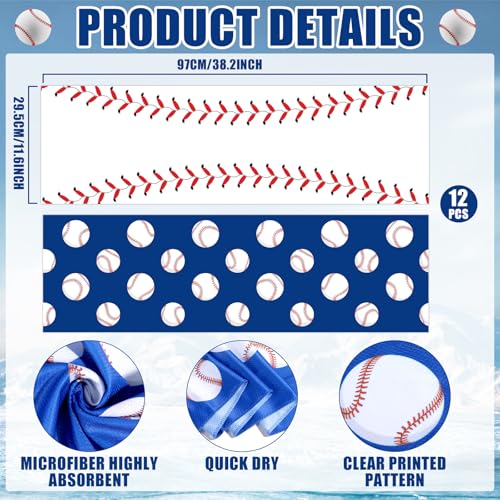 Lonfliness 12 Pcs Baseball Cooling Towels 38x12 Inch Breathable Baseball Microfiber Ice Towel Fast Drying Workout Rags Bulk Sport Team Gift for Team Gym Running Coach Sport Party Favors(White,Blue)