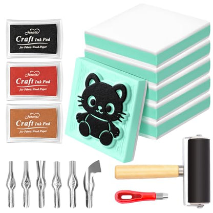 Linocut Stamp Making Kit with Rubber Carving Blocks 6PCS 2"x2", Block Printing Printmaking Kit with Carving Tools, Brayer Roller & Ink Pads, DIY Craft Supplies for Beginners Kids Adults