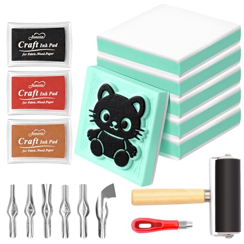 Linocut Stamp Making Kit with Rubber Carving Blocks 6PCS 2"x2", Block Printing Printmaking Kit with Carving Tools, Brayer Roller & Ink Pads, DIY Craft Supplies for Beginners Kids Adults