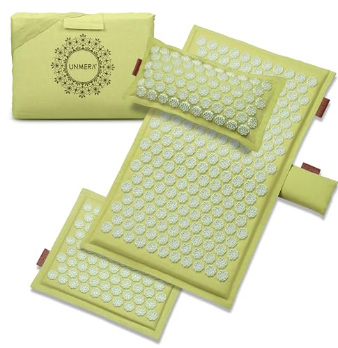 UNMERA Acupressure Mat and Pillow Set,Natural Linen & Coconut Fiber Filling | Back/Neck Pain Relief, Sciatic, Headache and Muscle Relaxation, Comes with Carrying Bag - color: Forest Green