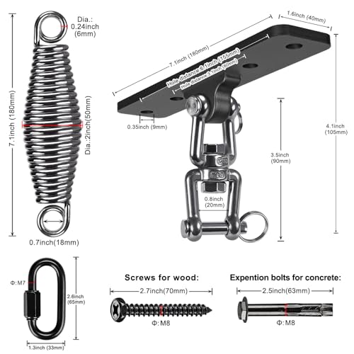 Dolibest Hanging Kits Hammock Chair Hardware, Heavy Duty Swing Hanger with Spring (6MM) for Indoor Outdoor Playground Hanging Chair Hammock Chair Punching Bags, 4 Screws, 4 Expansion Screws - color: Swing Hanger With Spring-1
