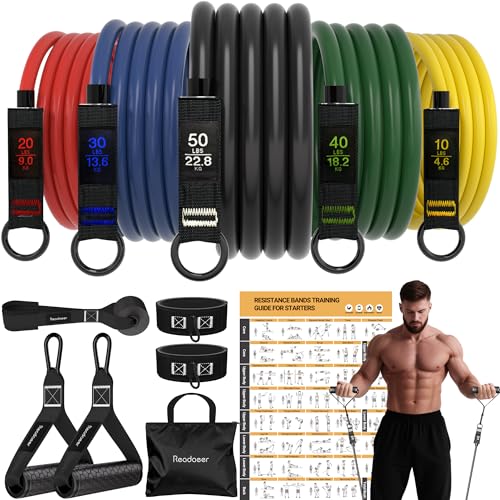 READAEER Resistance Bands, 10-150 LBS Exercise Bands with Handles, Ankle Straps & Door Anchor, Adjustable Workout Bands for Full Body Strength Training, Home, Gym & Travel - size: 10-150LBS