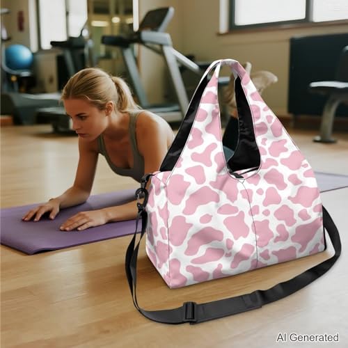 Pink Cow Print Gym Bag with Shoe Compartment Durable Gym Tote with Yoga Mat Holder Sports Duffel Bags with Double Zipper, Sports Duffle Bags for High School - color: Pink Cow Print