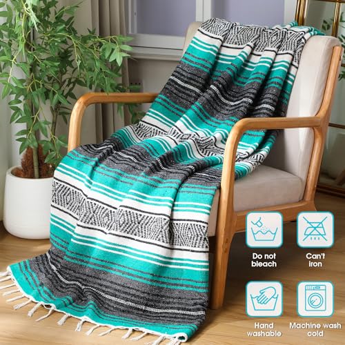 Oudain Mexican Blanket Woven Authentic Falsa Throw 45 x 70 Inch – Authentic Baja Serape Saddle Blanket Outdoor for Restorative Yoga, Beach, Picnic, Couch, Car Travel(Turquoise) - color: Turquoise