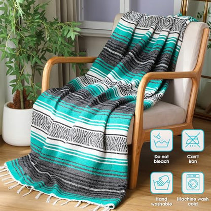 Oudain Mexican Blanket Woven Authentic Falsa Throw 45 x 70 Inch – Authentic Baja Serape Saddle Blanket Outdoor for Restorative Yoga, Beach, Picnic, Couch, Car Travel(Turquoise) - color: Turquoise