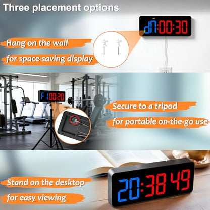 Multi-Mode Fitness Timer with Remote Control – 2-in-1 Digital Clock & Gym Timer for Tabata, EMOM, Countdown, Stopwatch, FGB – Customizable Workout Cycles with 10 Presets & 3 Mounting Options - color: Blue Red