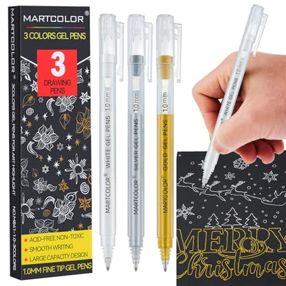 MARTCOLOR Gold Silver White Gel Pens, 3 Pack 1.0mm Fine Point Gel ink Pens | Opaque Archival Ink Pen for Black Paper Drawing, Art Highlight, Illustration, Bullet Journaling, Card Making & DIY Projects - style: Gold Silver White - 1.0mm