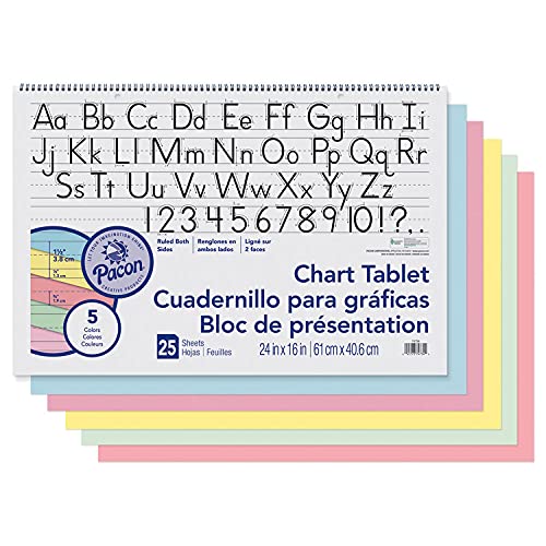 Pacon® Colored Paper Chart Tablet, Manuscript Cover, 5 Assorted Colors, 1-1/2" Ruled, 24" x 16", 25 Sheets, Pack of 2
