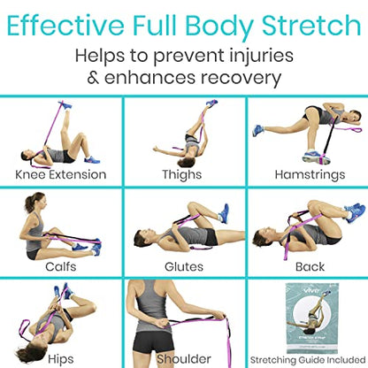 Vive Stretch Strap (75" - 10 Loops) - Leg Stretch Band to Improve Flexibility - Stretching Out Yoga Strap - Exercise and Physical Therapy Belt for Rehab, Pilates and Gymnastics with Guide Book - color: Pink