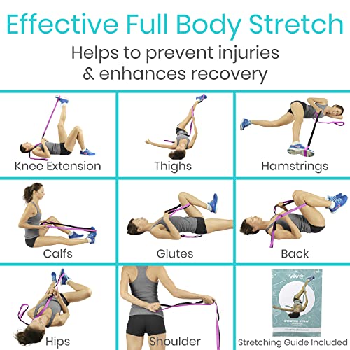 Vive Stretch Strap (75" - 10 Loops) - Leg Stretch Band to Improve Flexibility - Stretching Out Yoga Strap - Exercise and Physical Therapy Belt for Rehab, Pilates and Gymnastics with Guide Book - color: Pink