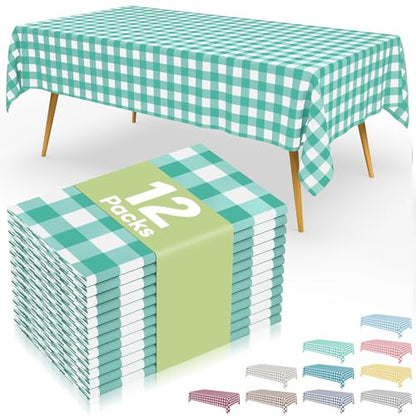 Smiry 12 Packs Gingham Disposable Table Cloth, 54 x 108 Inch Waterproof Plastic Tablecloth, Rectangle Teal and White Checkered Table Covers for Picnic, Birthday, Party - color: Teal and White, size: 54"x108" (Pack of 12)