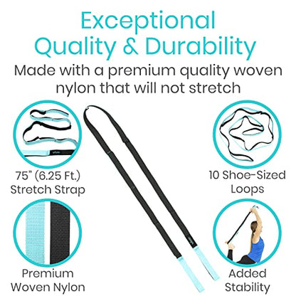Vive Stretch Strap (75" - 10 Loops) - Leg Stretch Band to Improve Flexibility - Stretching Out Yoga Strap - Exercise and Physical Therapy Belt for Rehab, Pilates and Gymnastics with Guide Book - color: Teal