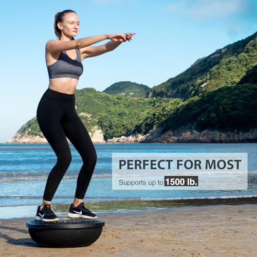 ZELUS 25in. Balance Ball | 660lb Inflatable Half Exercise Ball Wobble Board Balance Trainer w Nonslip Base | Half Yoga Ball Strength Training Equipment w 2 Bands, Pump, Extra Ball Included - color: Black