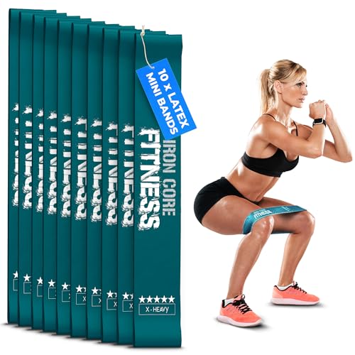 Latex Mini Resistance Bands Sets for Trainers, Bootcamp, Gym for Men and Women in Fun Colors - Ebook, Videos and Workout Chart Included by Iron Core Fitness - color: #7 Deep Teal, 10 x X-Heavy
