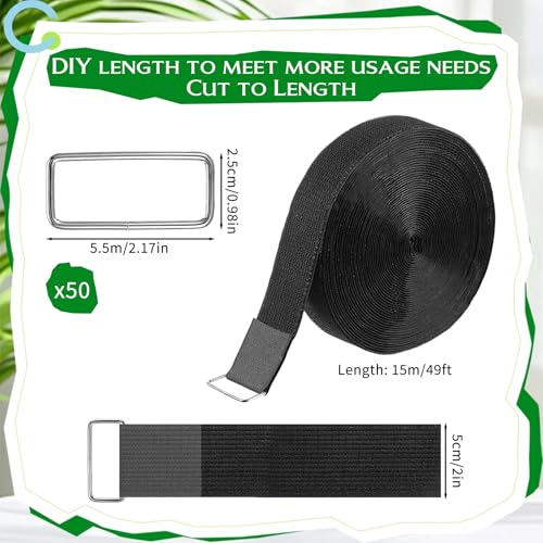 Hook and Loop Straps, 2'' x 49ft Fastening Cinch Straps with 50 Metal Buckles, Cut to Length, Heavy Duty, Reusable Cable Strap, Cord Strap for Storage and Organization