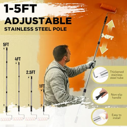 SOUTHGATE 33PCS Paint Roller Kit with Extension Pole for Walls & Ceilings | 9‘’ and 4‘’ rollers,1-5ft adustable pole, paint tray, drop cloth, brushes, for drywall, baseboards, apartments