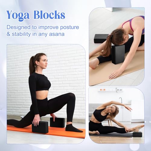 RoundFunny 5 Pcs Yoga Blocks Knee Pads Yoga Strap Set Soft Premium Foam Blocks Accessories for Pilates Meditation General Fitness Stability, Kneeling, Balance, Deepen Stretches and Toning - color: Black