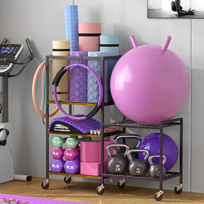 Dumbbell Rack, Yoga Mat Storage Holder, Home Gym Storage Rack, Workout Equipment Storage Organizer, Weight Storage Holder Rack with Hooks and Wheels - size: 5 Tier
